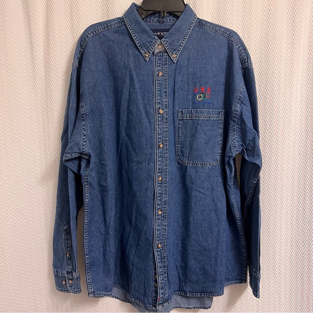 Vintage U.S. Olympics Swingster AT&T Proud Sponsor Men's Blue Denim Shirt XL - Picture 2 of 8